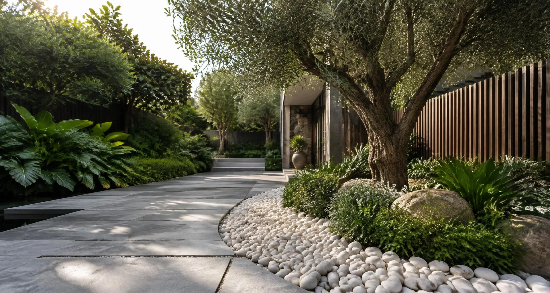 White decorative pebbles around plants beside a contemporary garden pathway